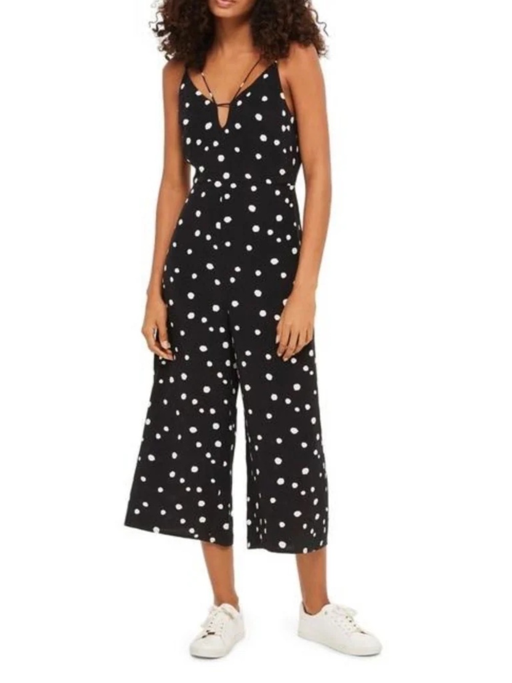 Topshop Black and White Polka Dot Cropped Wide-Leg Jumpsuit